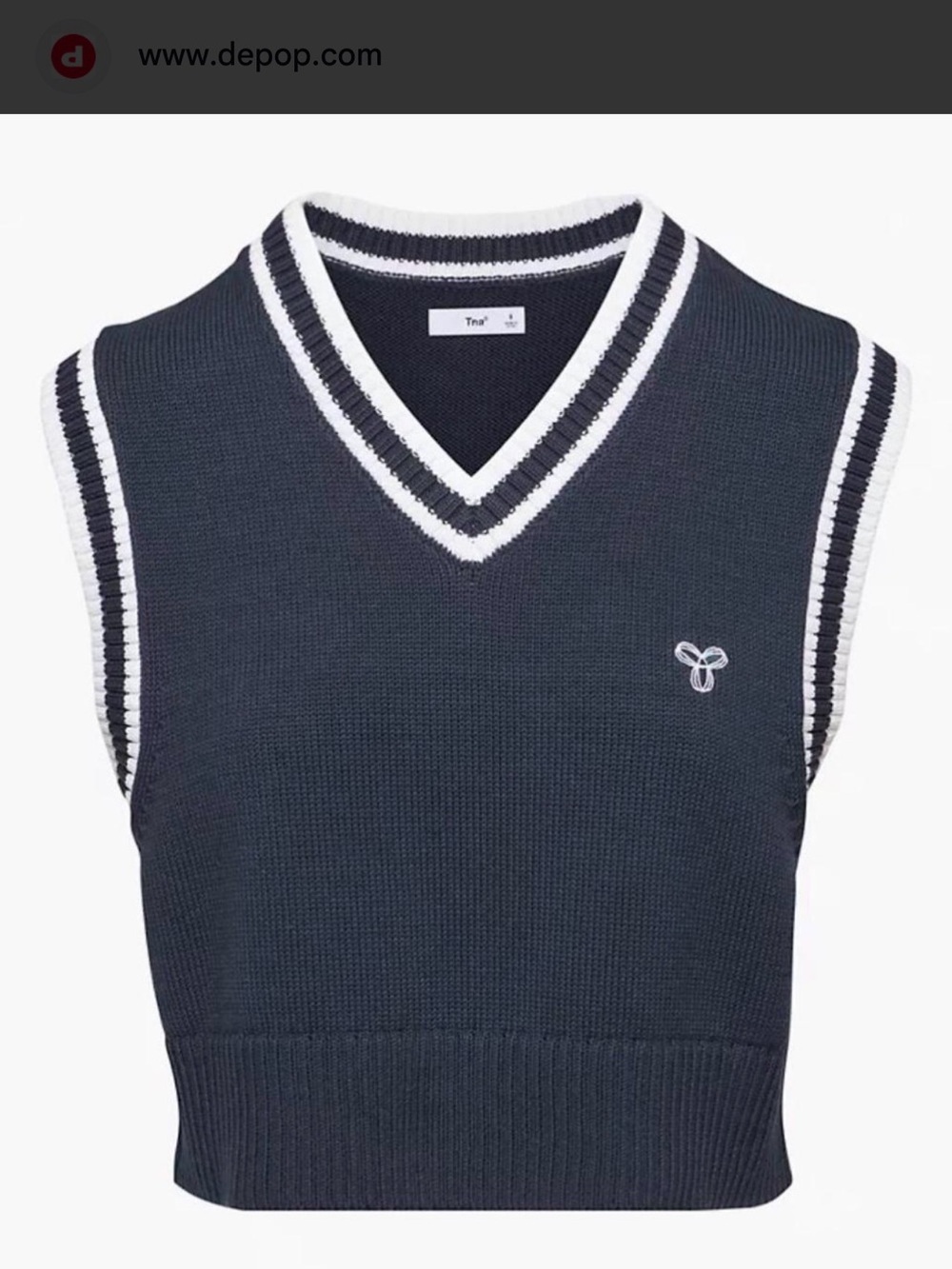 TNA Navy Sweater Vest with White Striped V-Neck Trim